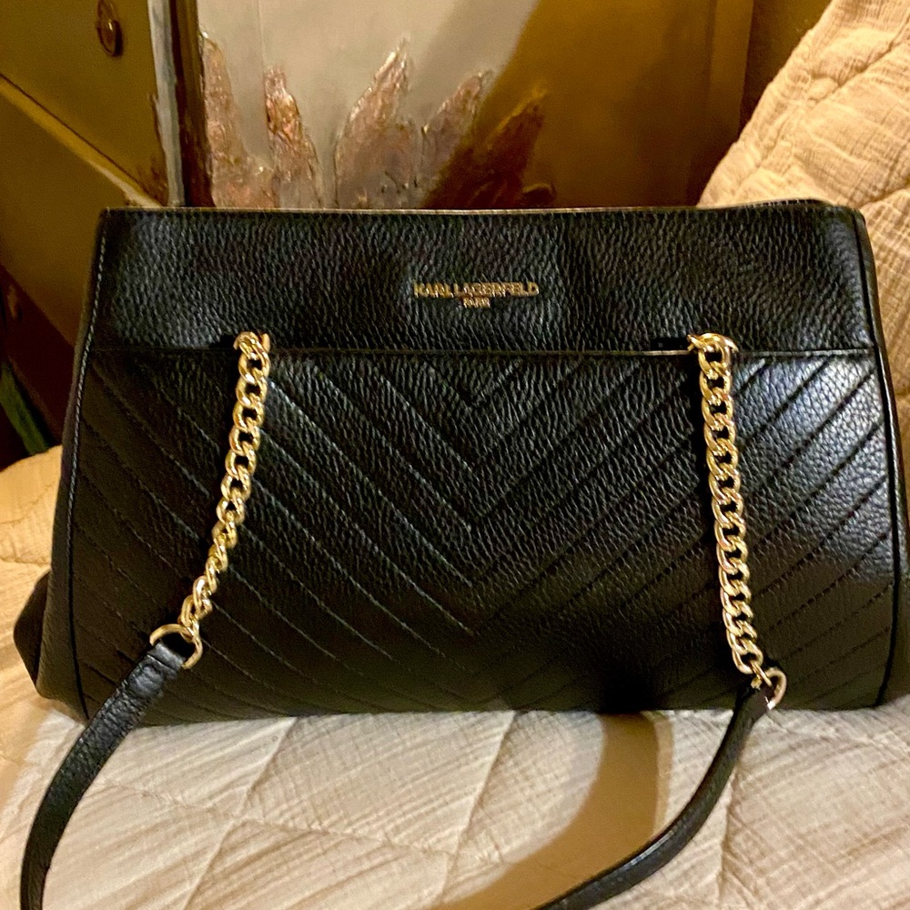 Karl Lagerfeld Black Quilted Chevron Shoulder Bag with Gold Chain